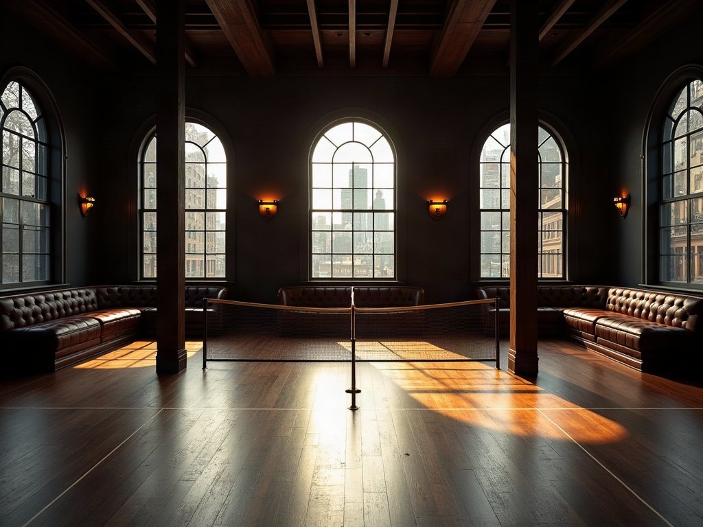 An elegant indoor pickleball court with tall arched windows