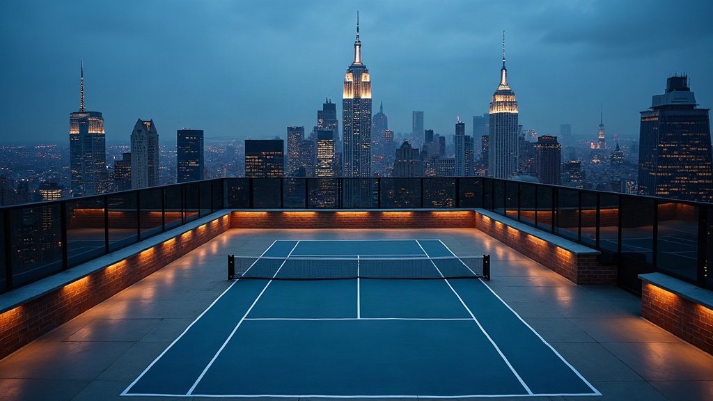 A rooftop pickleball court above the Manhattan skyline at blue hour